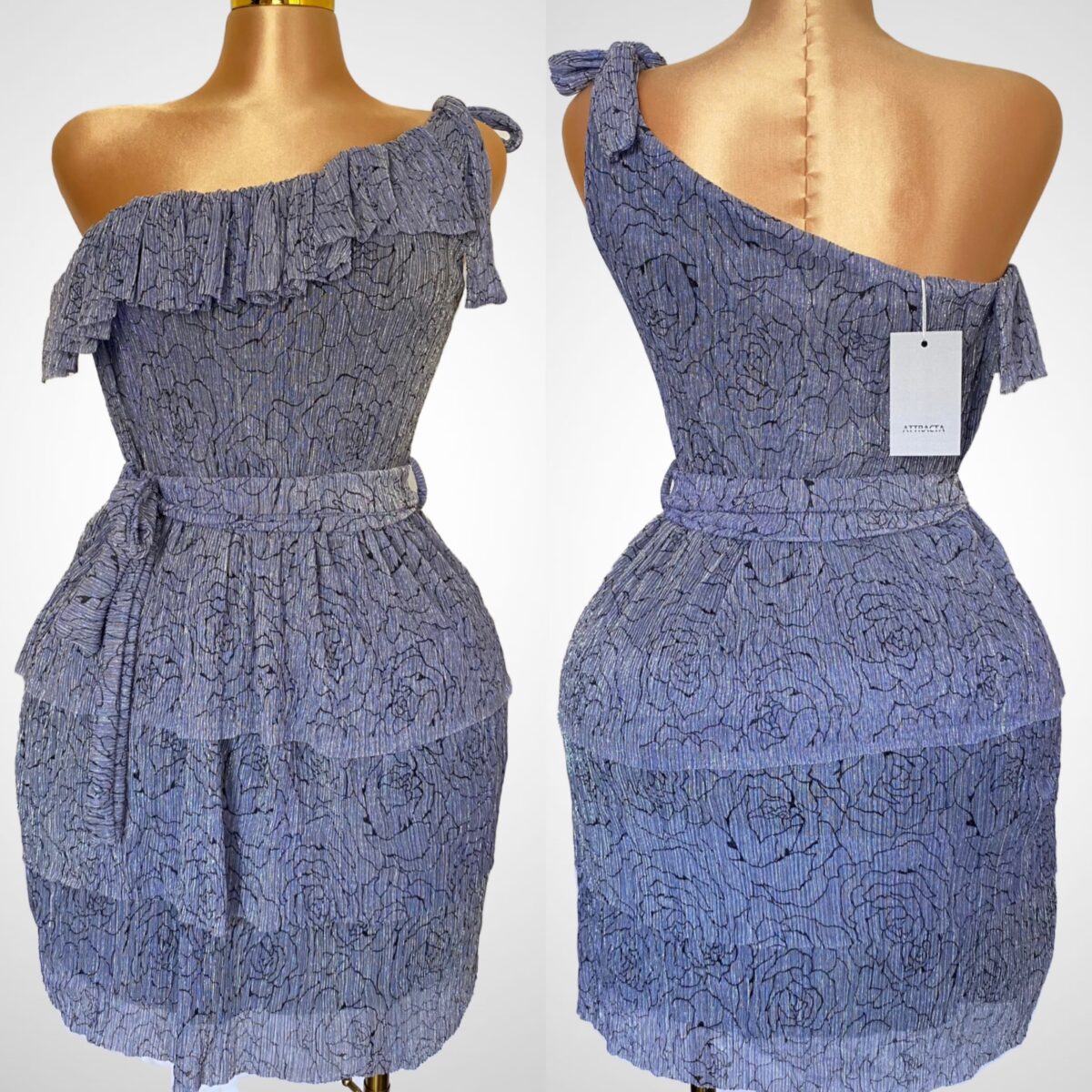 ASYMMETRICAL 3-STEP ONE-SHOULDERGLITTER PLISSE DRESS