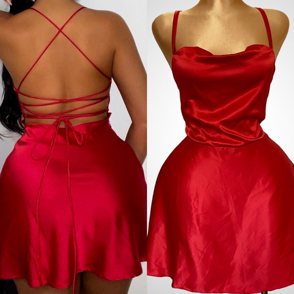 LUXE COWL NECK CROSS-BACK SATIN FLAYED DRESS