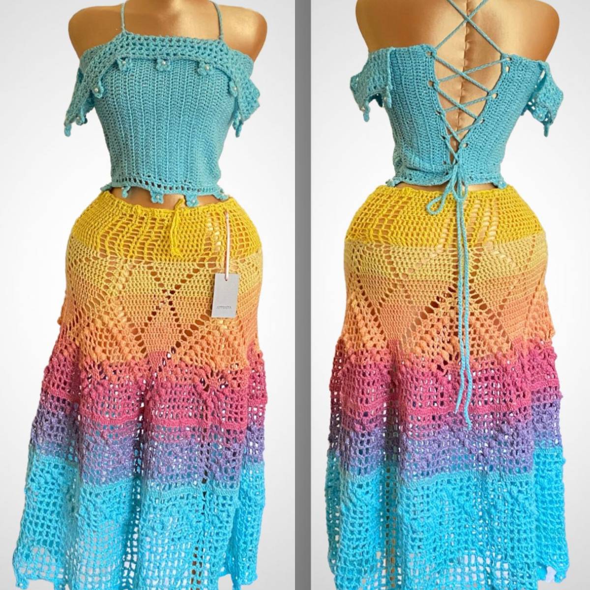 BOHO TRICOT SKIRT AND CROSS-BACK TOP CROTCHET 2 PIECE